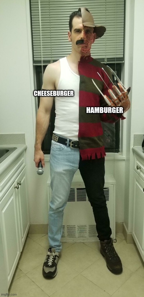 It is the line that separates hamburgers and cheeseburgers | CHEESEBURGER; HAMBURGER | image tagged in half juan half krueger | made w/ Imgflip meme maker