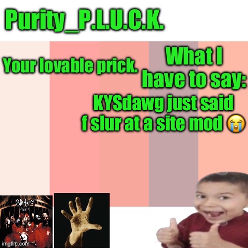 Purity_P.L.U.C.K. announcement | KYSdawg just said f slur at a site mod 😭 | image tagged in purity_p l u c k announcement | made w/ Imgflip meme maker