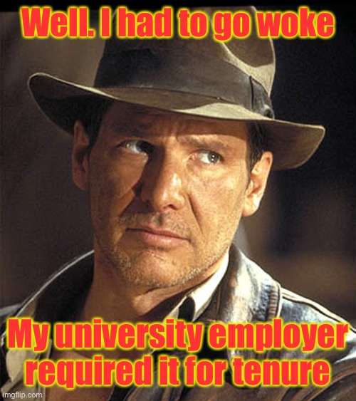 Indiana jones | Well. I had to go woke My university employer required it for tenure | image tagged in indiana jones | made w/ Imgflip meme maker