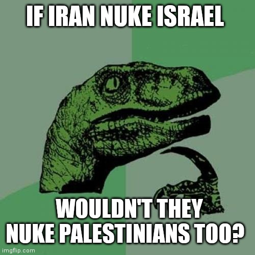 Philosoraptor | IF IRAN NUKE ISRAEL; WOULDN'T THEY NUKE PALESTINIANS TOO? | image tagged in memes,philosoraptor | made w/ Imgflip meme maker