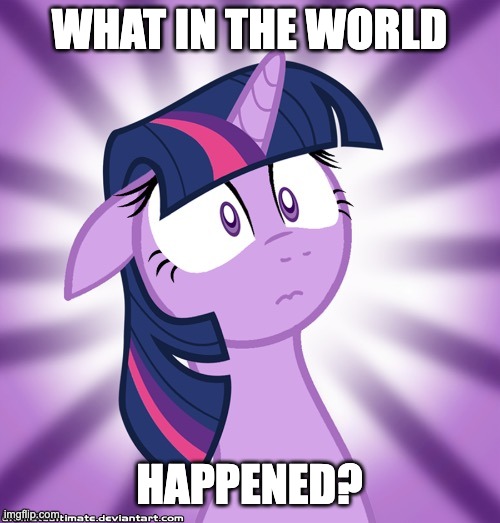 Shocked Twilight Sparkle | WHAT IN THE WORLD HAPPENED? | image tagged in shocked twilight sparkle | made w/ Imgflip meme maker