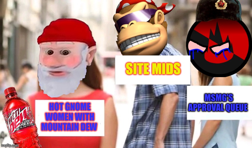 This explains a lot | SITE MIDS; MSMG'S APPROVAL QUEUE; HOT GNOME WOMEN WITH MOUNTAIN DEW | image tagged in distracted boyfriend,stupid,mods | made w/ Imgflip meme maker