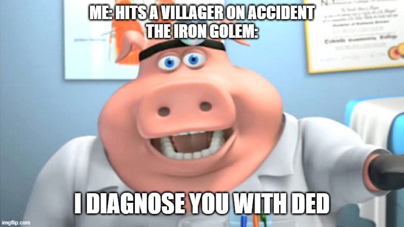 NO PLEASE | ME: HITS A VILLAGER ON ACCIDENT
THE IRON GOLEM:; I DIAGNOSE YOU WITH DED | image tagged in i diagnose you with dead | made w/ Imgflip meme maker