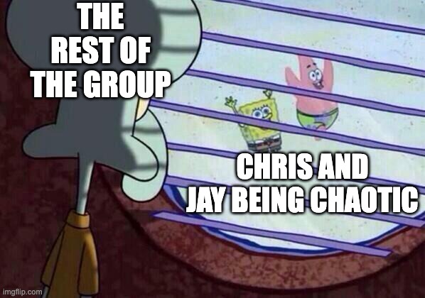 Squidward window | THE REST OF THE GROUP; CHRIS AND JAY BEING CHAOTIC | image tagged in squidward window | made w/ Imgflip meme maker