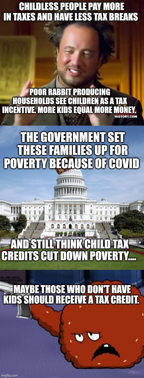CHILDLESS PEOPLE PAY MORE IN TAXES AND HAVE LESS TAX BREAKS; POOR RABBIT PRODUCING HOUSEHOLDS SEE CHILDREN AS A TAX INCENTIVE. MORE KIDS EQUAL MORE MONEY. THE GOVERNMENT SET THESE FAMILIES UP FOR POVERTY BECAUSE OF COVID; AND STILL THINK CHILD TAX CREDITS CUT DOWN POVERTY.... MAYBE THOSE WHO DON'T HAVE KIDS SHOULD RECEIVE A TAX CREDIT. | image tagged in memes,ancient aliens,scumbag government,meatwad with a gun | made w/ Imgflip meme maker