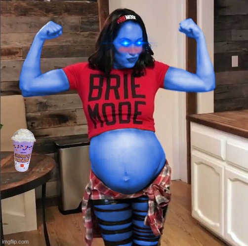 Blue milkshakes make Baby Mama Brie blue and strong | image tagged in blue,milkshake,pregnant woman,strong women,blushing,blue eyes | made w/ Imgflip meme maker