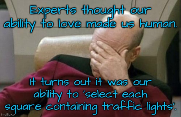 To love made humans | Experts thought our ability to love made us human. It turns out it was our ability to ‘select each square containing traffic lights’. | image tagged in captain picard facepalm,ability to love,human,select a square,with traffic light | made w/ Imgflip meme maker