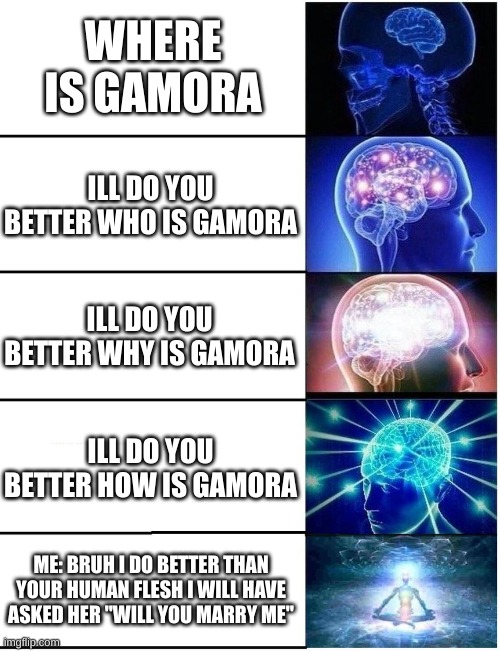 Expanding Brain 5 Panel | WHERE IS GAMORA ILL DO YOU BETTER WHO IS GAMORA ILL DO YOU BETTER WHY IS GAMORA ILL DO YOU BETTER HOW IS GAMORA ME: BRUH I DO BETTER THAN YO | image tagged in expanding brain 5 panel | made w/ Imgflip meme maker
