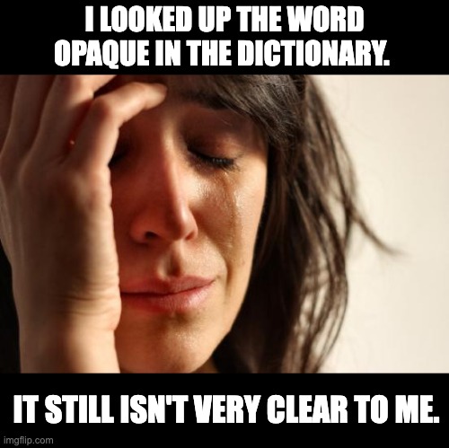 opaque | I LOOKED UP THE WORD OPAQUE IN THE DICTIONARY. IT STILL ISN'T VERY CLEAR TO ME. | image tagged in memes,first world problems | made w/ Imgflip meme maker
