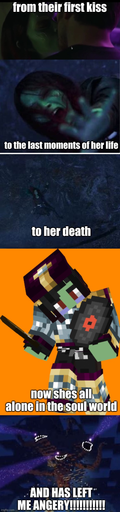 thanos did not think before he did | from their first kiss; to the last moments of her life; to her death; now shes all alone in the soul world; AND HAS LEFT ME ANGERY!!!!!!!!!!! | image tagged in witherstorm,gamora,death,thanos,grape | made w/ Imgflip meme maker