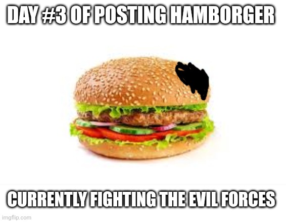 Day #3: HVTFOE (Hamburger Vs The Forces Of Evil) | DAY #3 OF POSTING HAMBORGER; CURRENTLY FIGHTING THE EVIL FORCES | image tagged in hamburger,memes | made w/ Imgflip meme maker