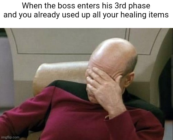 Captain Picard Facepalm | When the boss enters his 3rd phase and you already used up all your healing items | image tagged in memes,captain picard facepalm,rpg | made w/ Imgflip meme maker