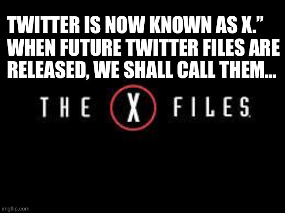 X-Files | TWITTER IS NOW KNOWN AS X.”

WHEN FUTURE TWITTER FILES ARE RELEASED, WE SHALL CALL THEM… | image tagged in x-files | made w/ Imgflip meme maker