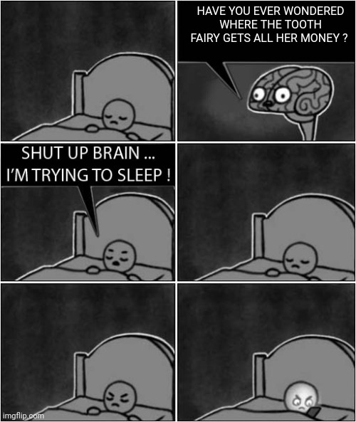 Maybe I can get a cut of it... | HAVE YOU EVER WONDERED WHERE THE TOOTH FAIRY GETS ALL HER MONEY ? | image tagged in shut up brian - internet research | made w/ Imgflip meme maker