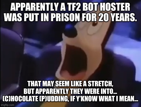 Let’s just say they were into… “f2ps that downloaded recently” | APPARENTLY A TF2 BOT HOSTER WAS PUT IN PRISON FOR 20 YEARS. THAT MAY SEEM LIKE A STRETCH, BUT APPARENTLY THEY WERE INTO… (C)HOCOLATE (P)UDDING, IF Y’KNOW WHAT I MEAN… | image tagged in hey uhh do you mind- | made w/ Imgflip meme maker