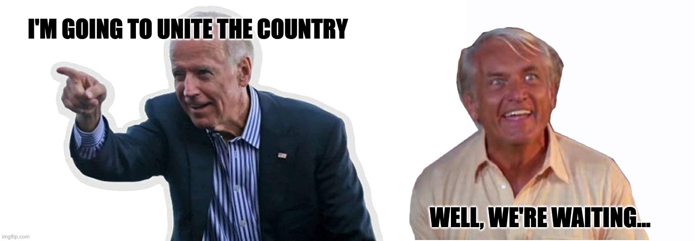 Empty Campaign Promises | I'M GOING TO UNITE THE COUNTRY; WELL, WE'RE WAITING... | image tagged in bidenomics,biden the uniter,biden the divider | made w/ Imgflip meme maker