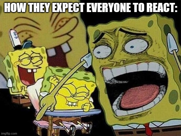 Spongebob laughing Hysterically | HOW THEY EXPECT EVERYONE TO REACT: | image tagged in spongebob laughing hysterically | made w/ Imgflip meme maker