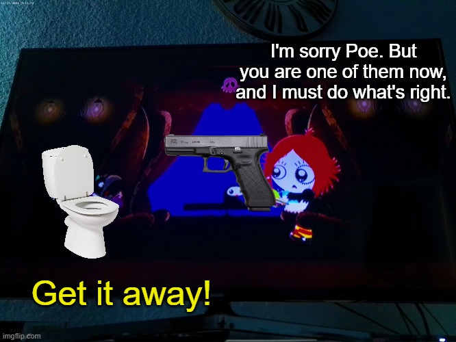 The Skibidi Toilet has taken over his body! | I'm sorry Poe. But you are one of them now, and I must do what's right. Get it away! | image tagged in scared crow | made w/ Imgflip meme maker