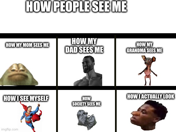 Blank White Template | HOW PEOPLE SEE ME; HOW MY DAD SEES ME; HOW MY GRANDMA SEES ME; HOW MY MOM SEES ME; HOW I ACTUALLY LOOK; HOW I SEE MYSELF; HOW SOCIETY SEES ME | image tagged in blank white template | made w/ Imgflip meme maker