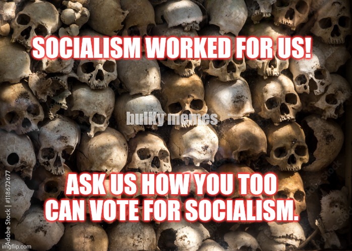 Ain't socialism grand? | SOCIALISM WORKED FOR US! bulKy memes; ASK US HOW YOU TOO CAN VOTE FOR SOCIALISM. | image tagged in starvation,socialism,communism,communist socialist | made w/ Imgflip meme maker