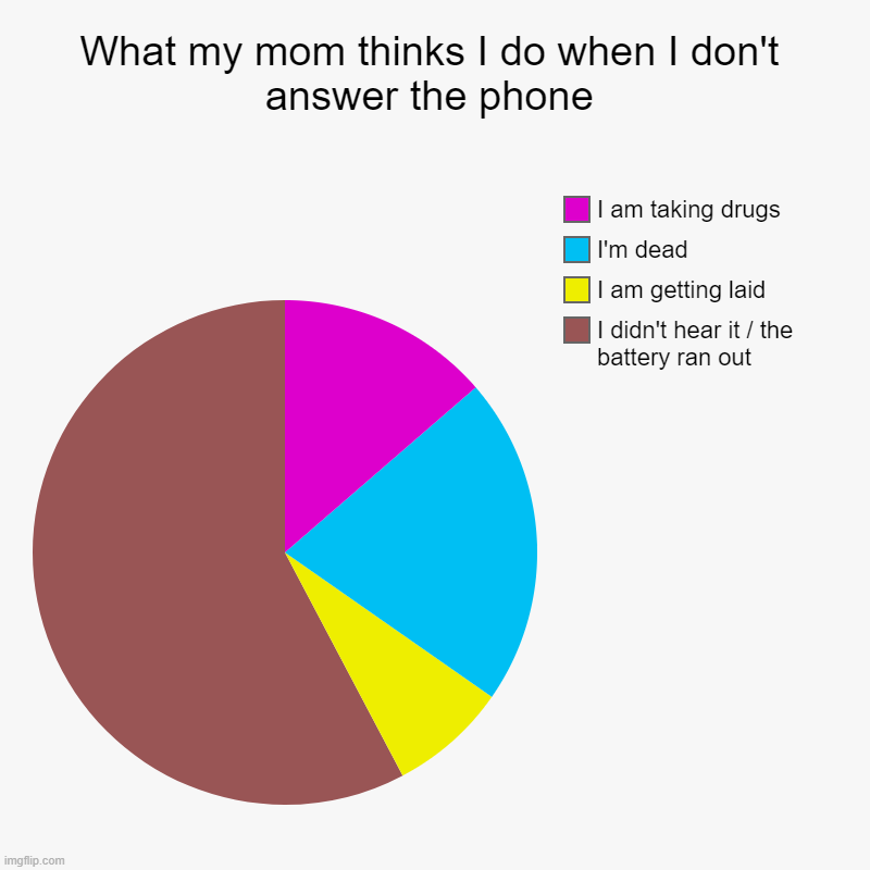 My pie chart | What my mom thinks I do when I don't answer the phone | I didn't hear it / the battery ran out, I am getting laid, I'm dead, I am taking dru | image tagged in charts,pie charts | made w/ Imgflip chart maker