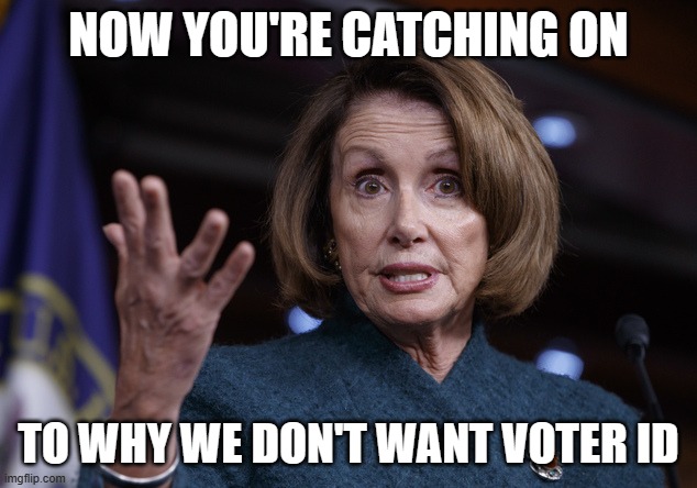 Good old Nancy Pelosi | NOW YOU'RE CATCHING ON TO WHY WE DON'T WANT VOTER ID | image tagged in good old nancy pelosi | made w/ Imgflip meme maker