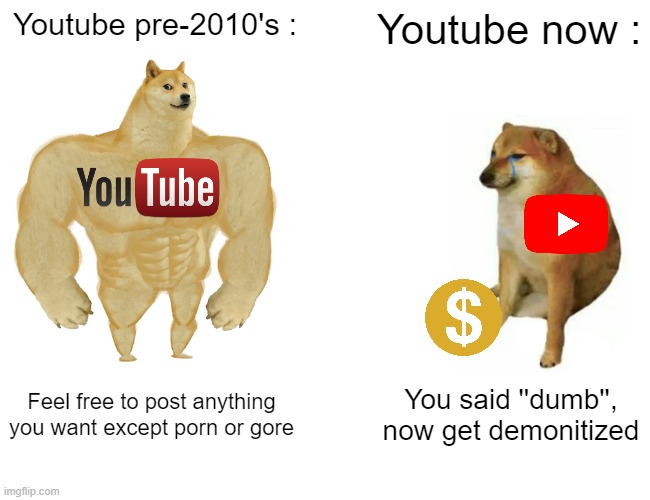 Sorry, but what happened between these years?! | Youtube pre-2010's :; Youtube now :; Feel free to post anything you want except porn or gore; You said ''dumb'', now get demonitized | image tagged in memes,buff doge vs cheems | made w/ Imgflip meme maker