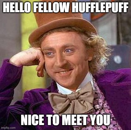 Creepy Condescending Wonka Meme | HELLO FELLOW HUFFLEPUFF NICE TO MEET YOU | image tagged in memes,creepy condescending wonka | made w/ Imgflip meme maker