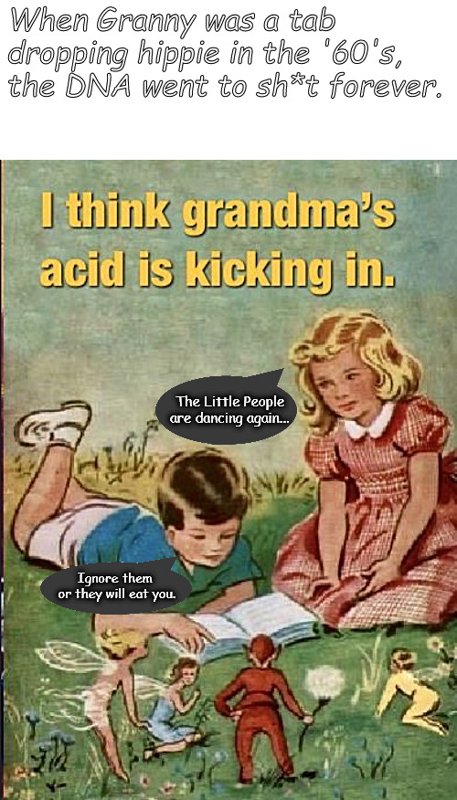 why things are the way they are | When Granny was a tab dropping hippie in the '60's, the DNA went to sh*t forever. The Little People are dancing again... Ignore them 
or they will eat you. | image tagged in memes,fun,dark humor,granny,hippies | made w/ Imgflip meme maker