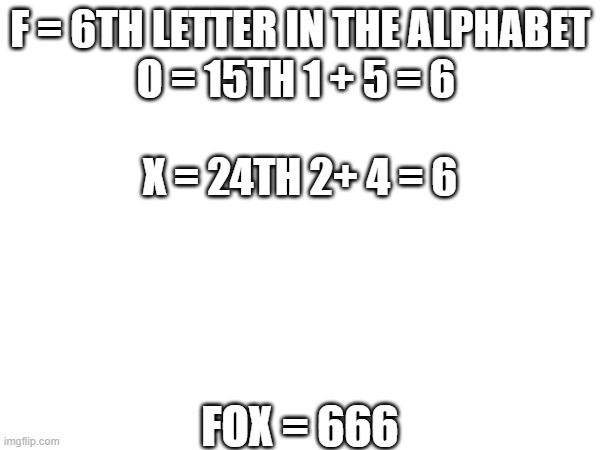 F = 6TH LETTER IN THE ALPHABET

O = 15TH 1 + 5 = 6 
                             
X = 24TH 2+ 4 = 6; FOX = 666 | image tagged in blank | made w/ Imgflip meme maker