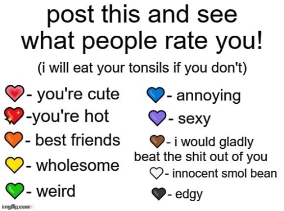 post this and see what people rate you! | image tagged in post this and see what people rate you | made w/ Imgflip meme maker