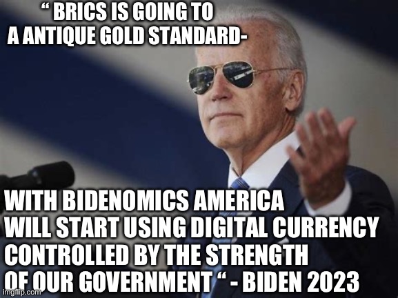 Joe sh?t storm | “ BRICS IS GOING TO A ANTIQUE GOLD STANDARD-; WITH BIDENOMICS AMERICA WILL START USING DIGITAL CURRENCY 
CONTROLLED BY THE STRENGTH OF OUR GOVERNMENT “ - BIDEN 2023 | image tagged in 1st world dictator,memes,funny,gifs | made w/ Imgflip meme maker