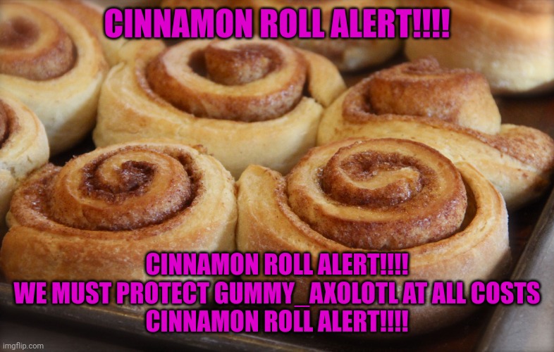 Cinnamon rolls | CINNAMON ROLL ALERT!!!! CINNAMON ROLL ALERT!!!!
WE MUST PROTECT GUMMY_AXOLOTL AT ALL COSTS
CINNAMON ROLL ALERT!!!! | image tagged in cinnamon rolls | made w/ Imgflip meme maker