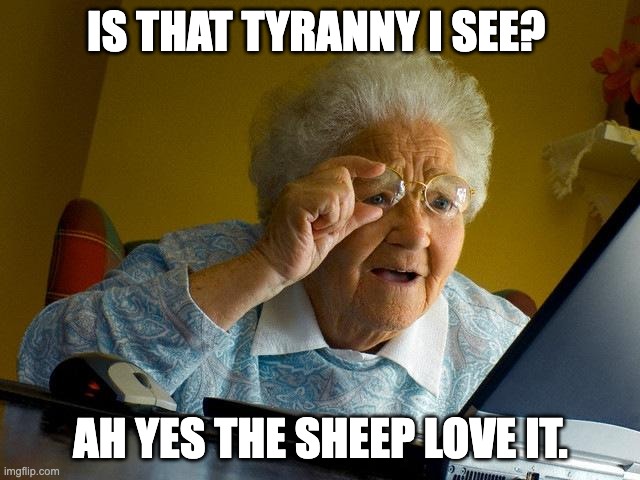 Tyranny lovers | IS THAT TYRANNY I SEE? AH YES THE SHEEP LOVE IT. | image tagged in memes,grandma finds the internet,tyranny | made w/ Imgflip meme maker