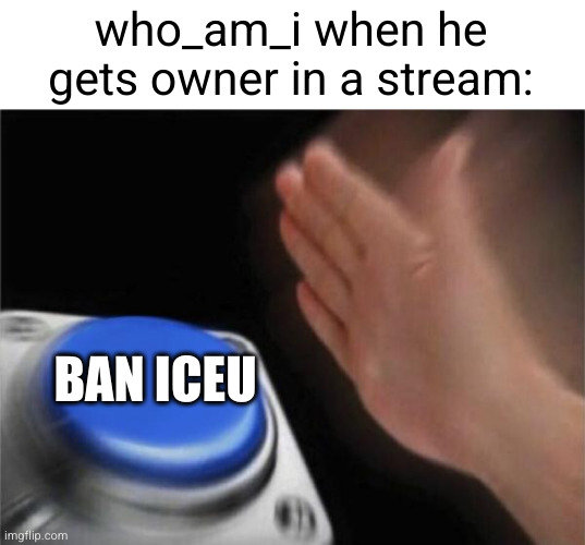 like something is wrong with the dude XD | who_am_i when he gets owner in a stream:; BAN ICEU | image tagged in memes,blank nut button,who_am_i,iceu,so true,idiot | made w/ Imgflip meme maker