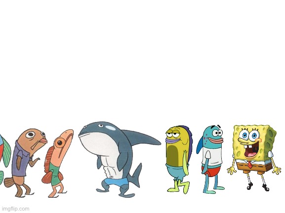 SpongeBob and incidentals waiting for bathroom | image tagged in blank white template,incidentals,spongebob,fishes,harold | made w/ Imgflip meme maker