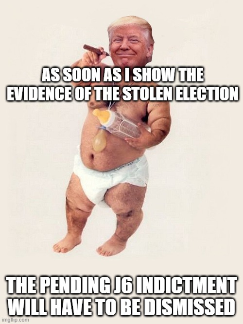 no proof, grifter, liar, gutless, thief | AS SOON AS I SHOW THE EVIDENCE OF THE STOLEN ELECTION; THE PENDING J6 INDICTMENT WILL HAVE TO BE DISMISSED | image tagged in diaper donny | made w/ Imgflip meme maker