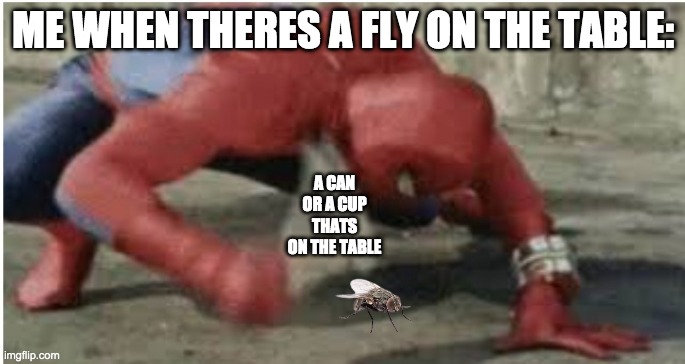Why is this so relatable | ME WHEN THERES A FLY ON THE TABLE:; A CAN OR A CUP THATS ON THE TABLE | image tagged in spider-man hitting floor,relatable,relatable memes | made w/ Imgflip meme maker