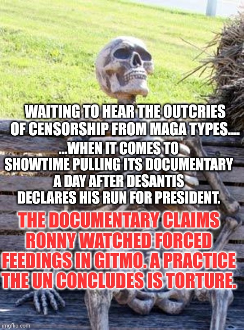 Let see the flip flop again boys..... | WAITING TO HEAR THE OUTCRIES OF CENSORSHIP FROM MAGA TYPES.... ...WHEN IT COMES TO SHOWTIME PULLING ITS DOCUMENTARY A DAY AFTER DESANTIS DECLARES HIS RUN FOR PRESIDENT. THE DOCUMENTARY CLAIMS RONNY WATCHED FORCED FEEDINGS IN GITMO. A PRACTICE THE UN CONCLUDES IS TORTURE. | image tagged in memes,waiting skeleton | made w/ Imgflip meme maker