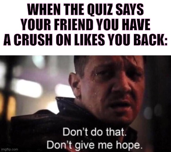 Anyone else? | WHEN THE QUIZ SAYS YOUR FRIEND YOU HAVE A CRUSH ON LIKES YOU BACK: | image tagged in don't give me hope | made w/ Imgflip meme maker