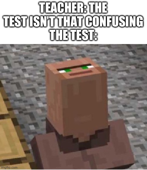 Relatable | TEACHER: THE TEST ISN’T THAT CONFUSING
THE TEST: | image tagged in minecraft villager looking up,funny,relatable,tests,pain | made w/ Imgflip meme maker