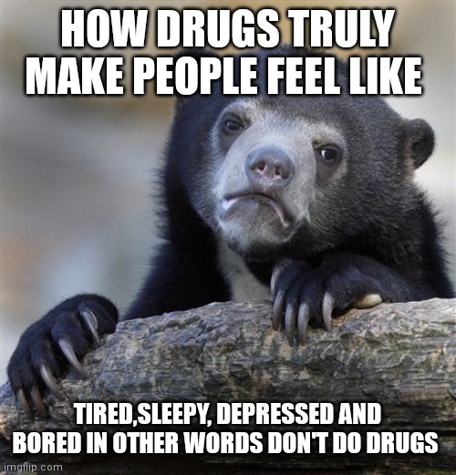 Don't do drugs bear | HOW DRUGS TRULY MAKE PEOPLE FEEL LIKE; TIRED,SLEEPY, DEPRESSED AND BORED IN OTHER WORDS DON'T DO DRUGS | image tagged in memes,confession bear,funny memes,drugs,this is serious,drugs are bad | made w/ Imgflip meme maker