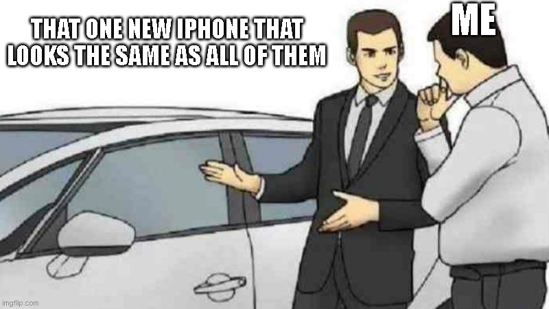 Car Salesman Slaps Roof Of Car | ME; THAT ONE NEW IPHONE THAT LOOKS THE SAME AS ALL OF THEM | image tagged in memes,car salesman slaps roof of car | made w/ Imgflip meme maker