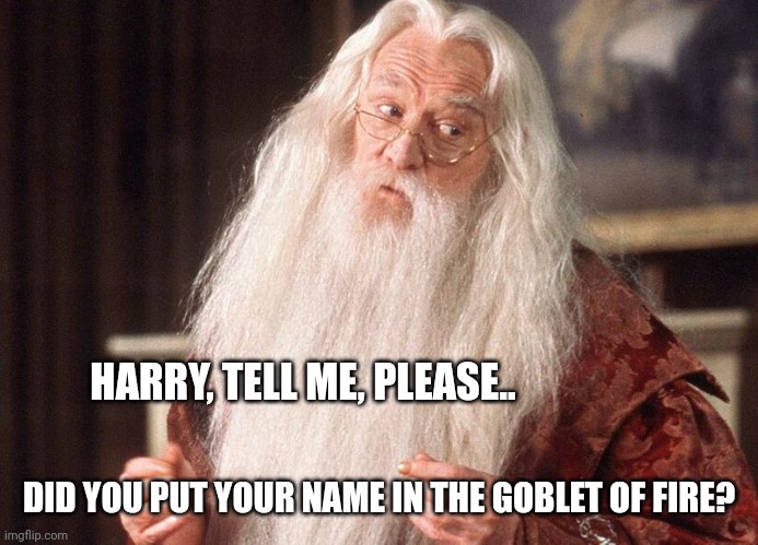 Dumbledore asked calmy | HARRY, TELL ME, PLEASE.. DID YOU PUT YOUR NAME IN THE GOBLET OF FIRE? | image tagged in dumbledore,calm,harry potter meme,wizard | made w/ Imgflip meme maker