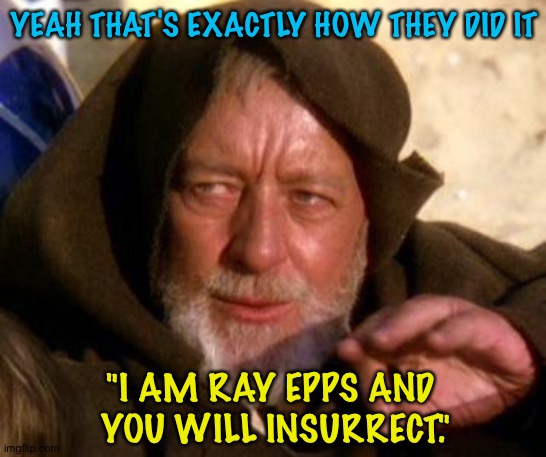 As Obi-Wan said, the Jedi Mind Trick works wonders if the subjects are idiots. | YEAH THAT'S EXACTLY HOW THEY DID IT; "I AM RAY EPPS AND 
YOU WILL INSURRECT." | image tagged in obi wan kenobi jedi mind trick | made w/ Imgflip meme maker