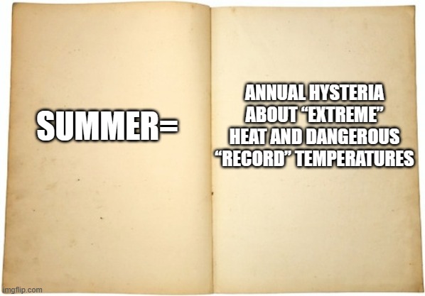 It's like, every year | ANNUAL HYSTERIA ABOUT “EXTREME” HEAT AND DANGEROUS “RECORD” TEMPERATURES; SUMMER= | image tagged in dictionary meme | made w/ Imgflip meme maker