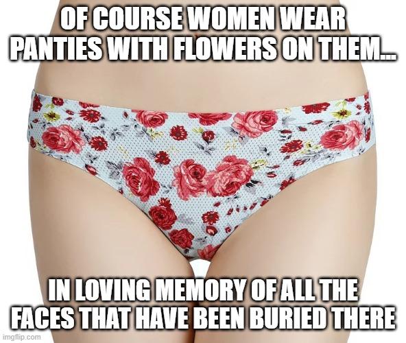 Flowery Panties | OF COURSE WOMEN WEAR PANTIES WITH FLOWERS ON THEM... IN LOVING MEMORY OF ALL THE FACES THAT HAVE BEEN BURIED THERE | image tagged in sex jokes | made w/ Imgflip meme maker