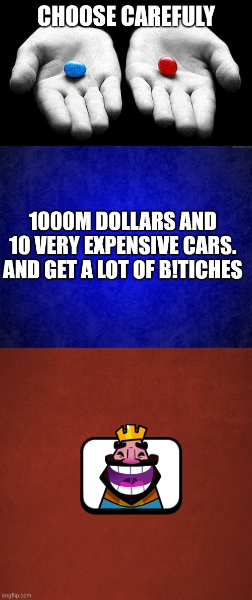 CHOOSE CAREFULY 1000M DOLLARS AND 10 VERY EXPENSIVE CARS. AND GET A LOT OF B!TICHES | image tagged in red pills blue pills,blue background,blank red background | made w/ Imgflip meme maker