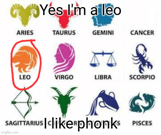 Yes | Yes I'm a leo; I like phonk | image tagged in zodiac signs,why are you reading this,stop reading the tags,please stop,just do it,do you are have stupid | made w/ Imgflip meme maker