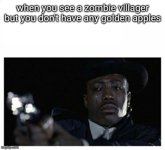 :( | when you see a zombie villager but you don't have any golden apples | image tagged in crying black guy with a gun | made w/ Imgflip meme maker